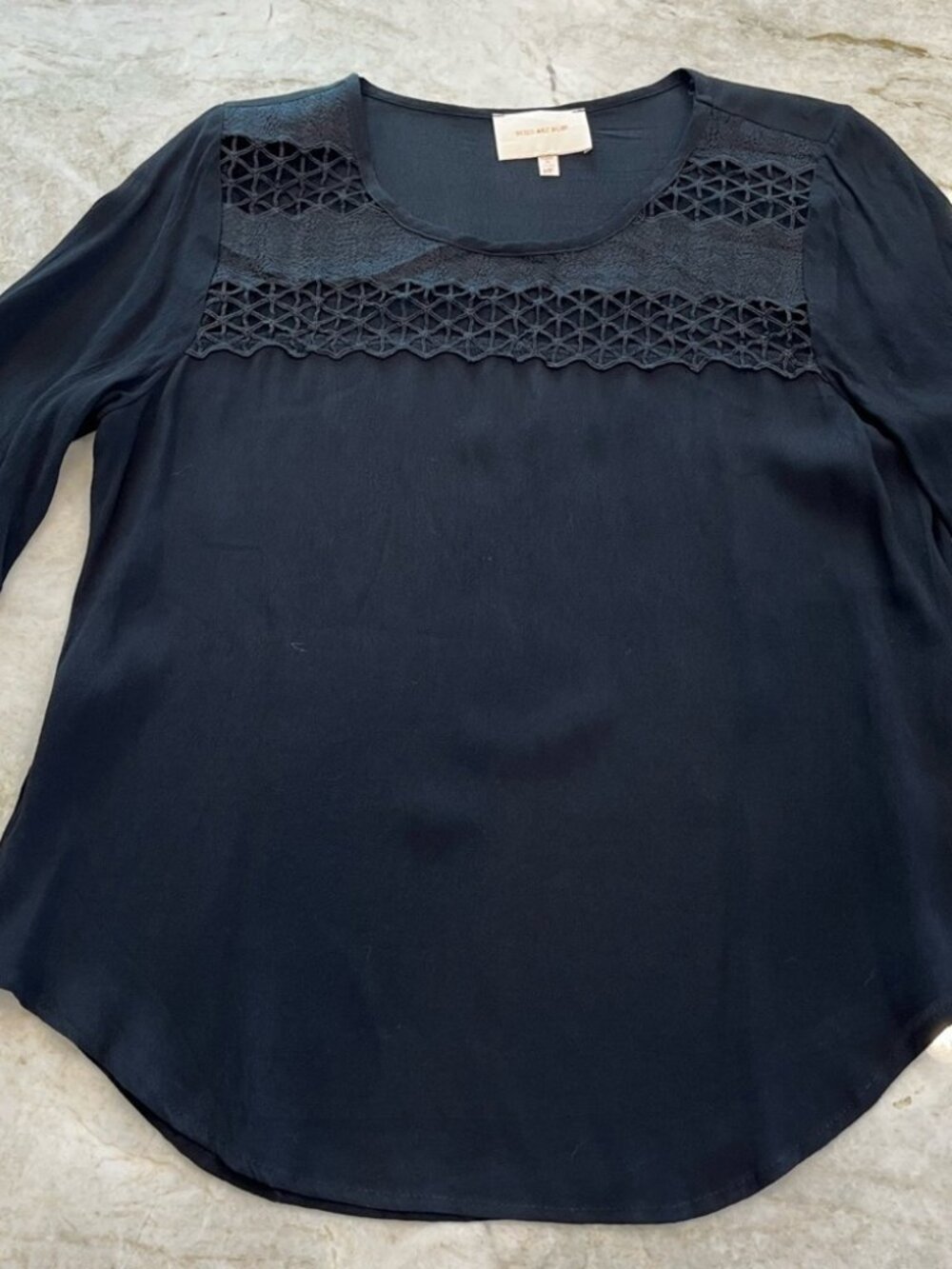 Skies are Blue | Lace Yoke Long Sleeve Blouse | Black | Petite Medium (MP)